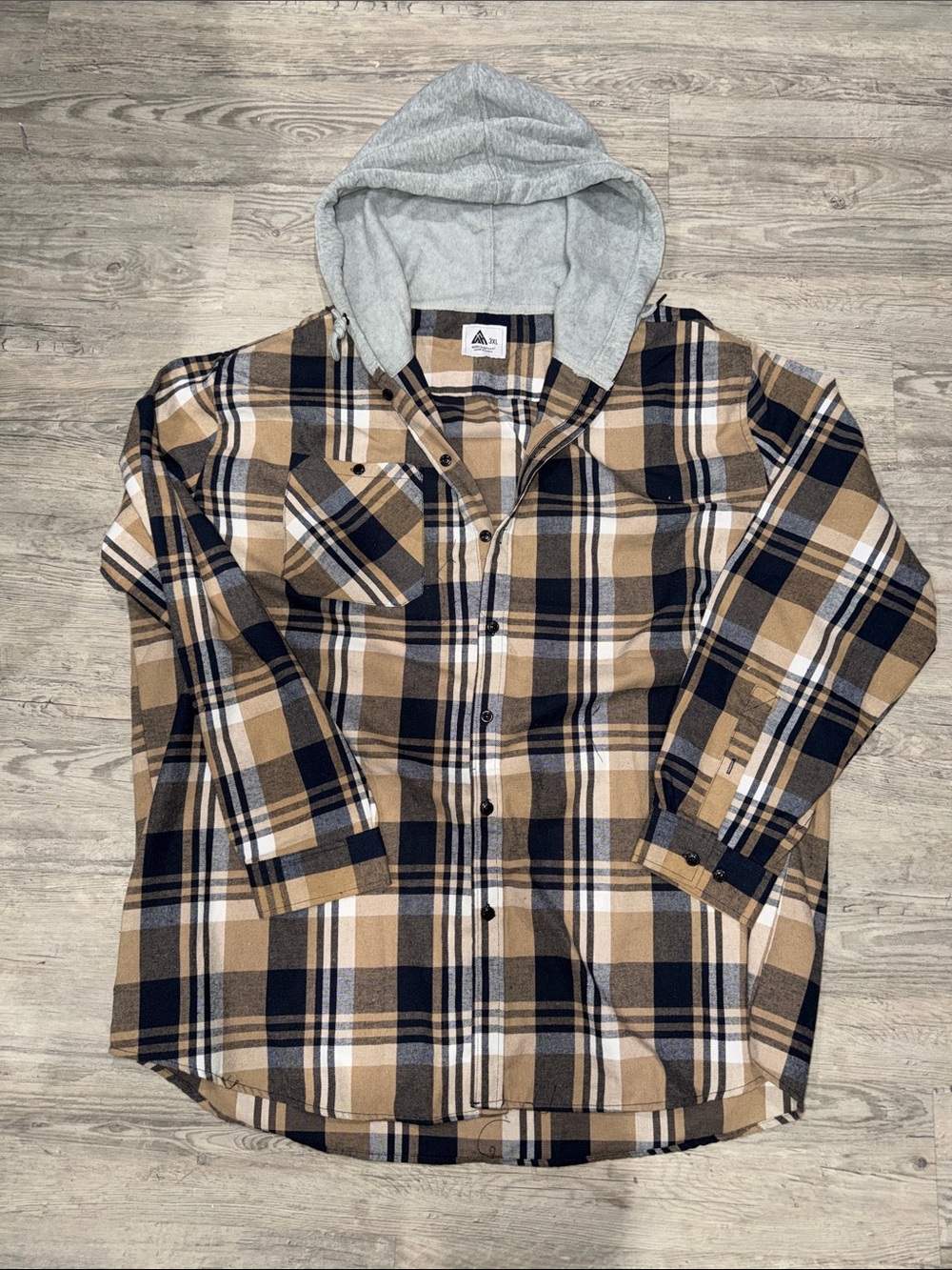 Plaid Hooded Flannel Shirt Jacket - Tan, Black & White